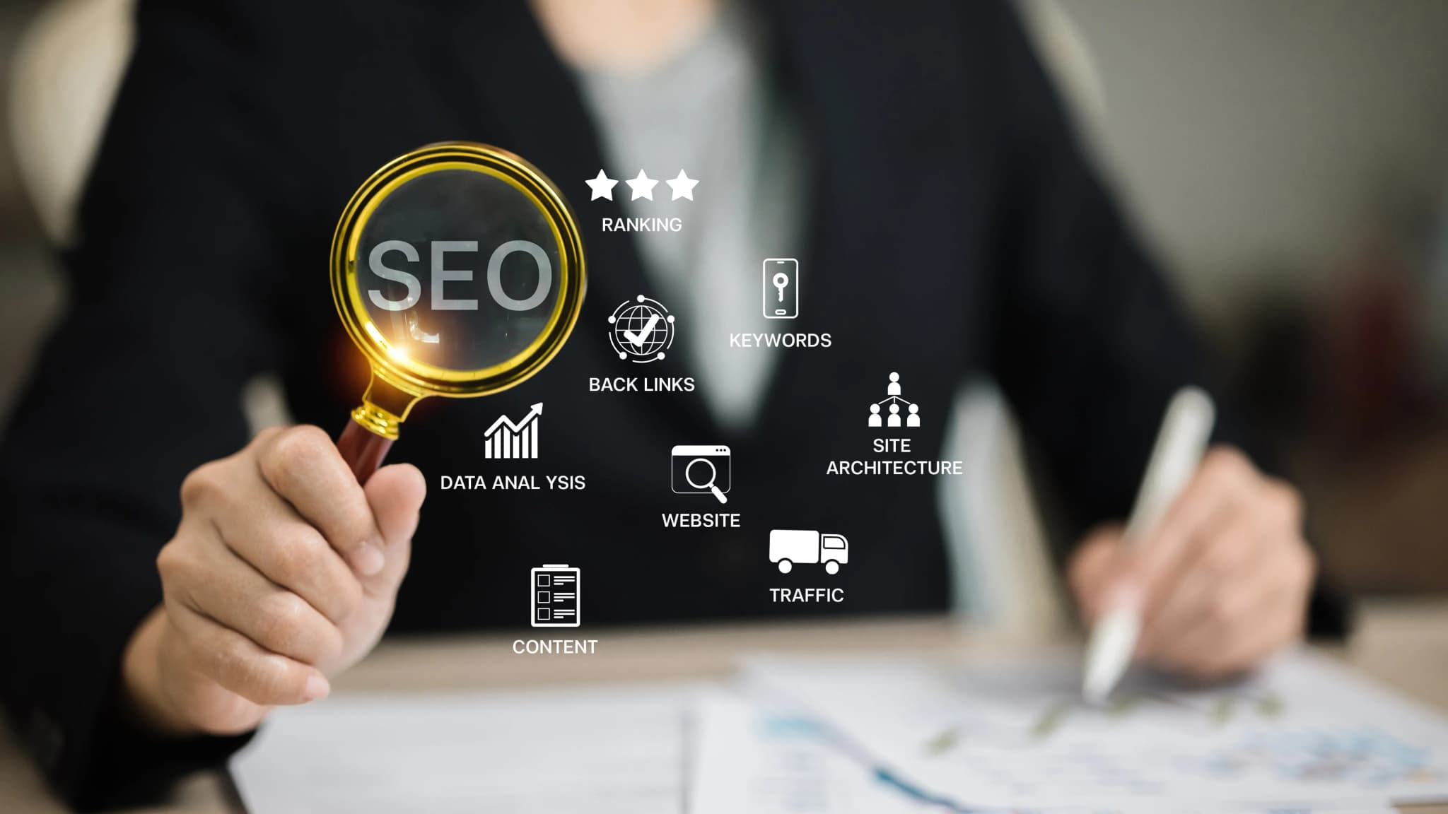 SEO expert analyzing backlink strategy with magnifying glass showing ranking factors including backlinks, keywords, content, and site architecture