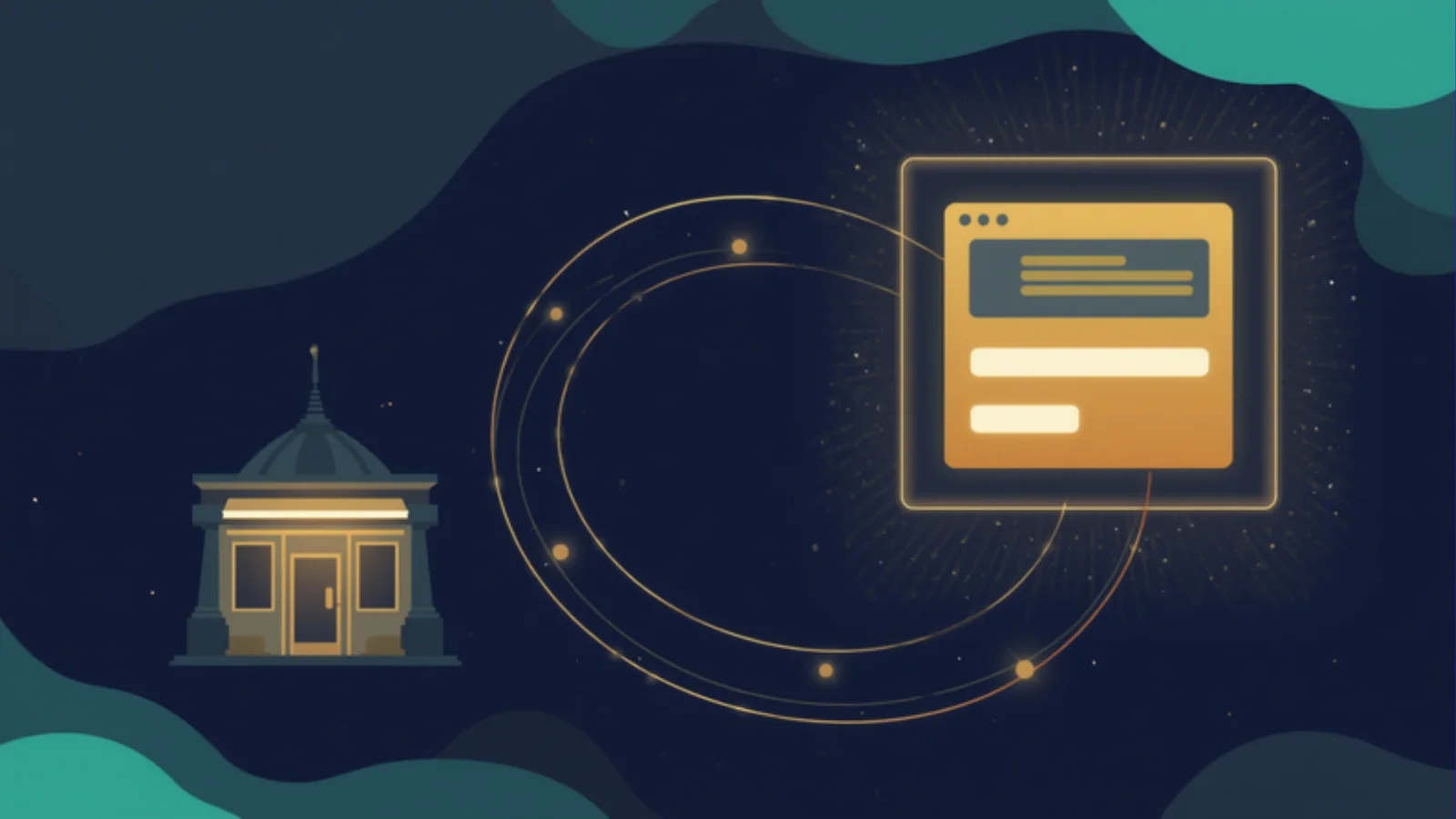 Glowing AI chat window citing a small storefront as its source, navy and teal with gold connection lines