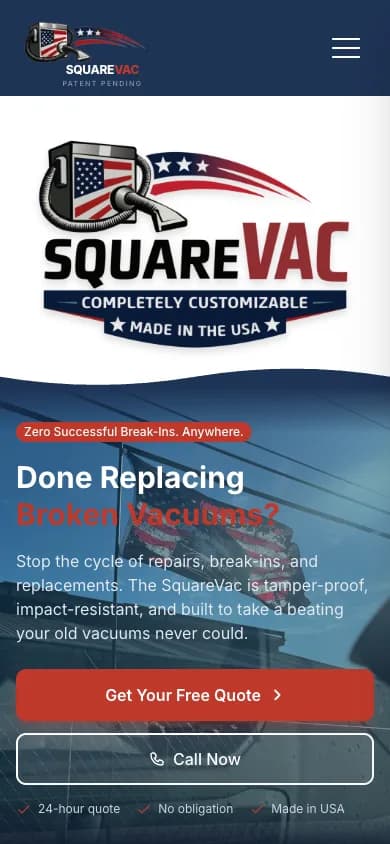 SquareVac mobile website, designed and built by Colee Software Services