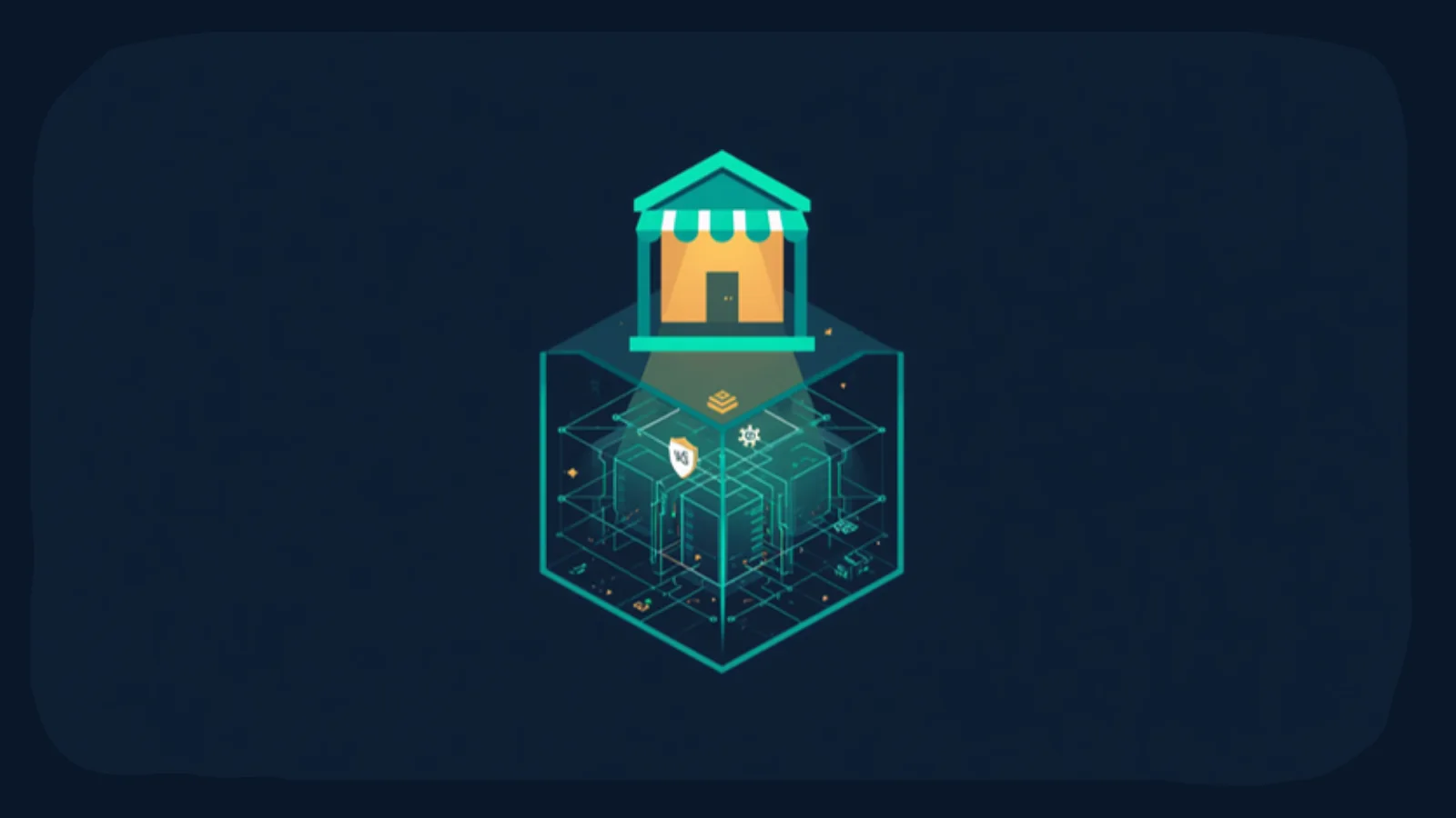 Illustration of a storefront standing on a wireframe cube of hidden server and network layers — the digital infrastructure beneath a business website