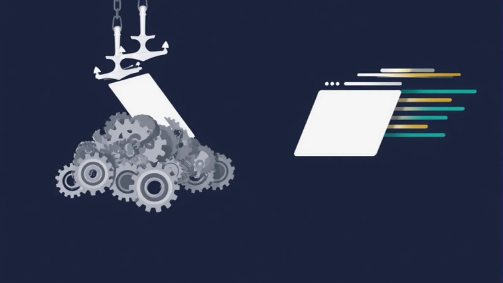 A browser window chained to an anchor sinking into a pile of gears beside a sleek fast browser window with speed trails — a slow WordPress site versus its rebuilt replacement